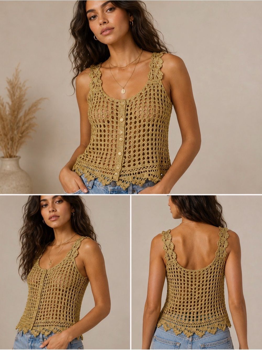 Metro 7 Vntg Gold Reflective Crochet Tank Women’s Top Sz XL Boho Y2K Cottage